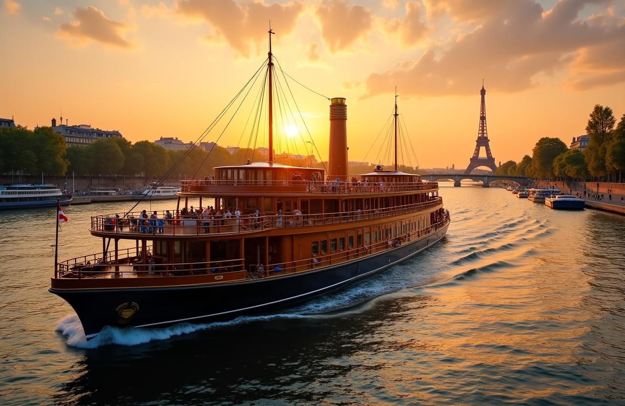 Vue luxueuse d'un navire SteamSail sur la Seine au coucher du soleil